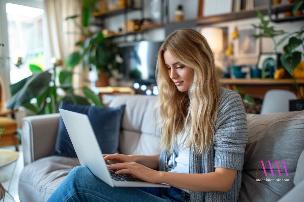 A young woman reading about Fanvue.