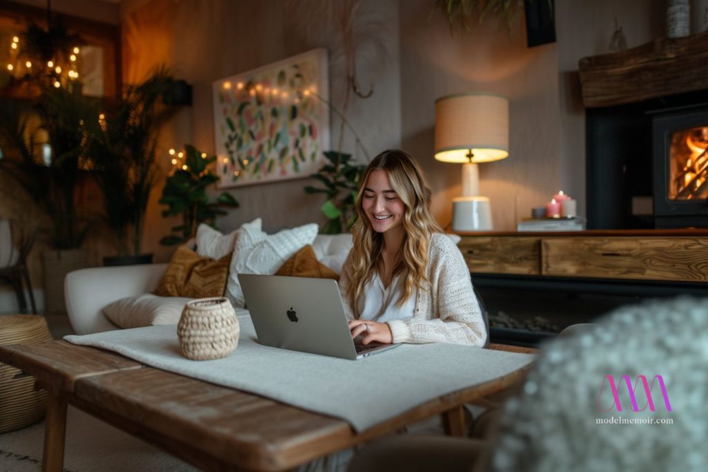 A beautiful young woman smiles at her laptop screen.