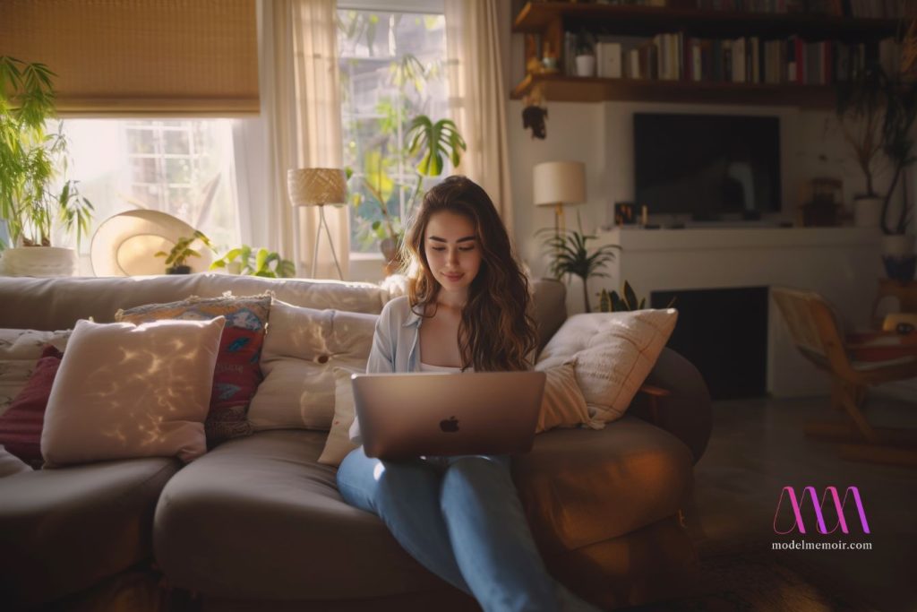 A young businesswoman typing on her laptop's keyboard.