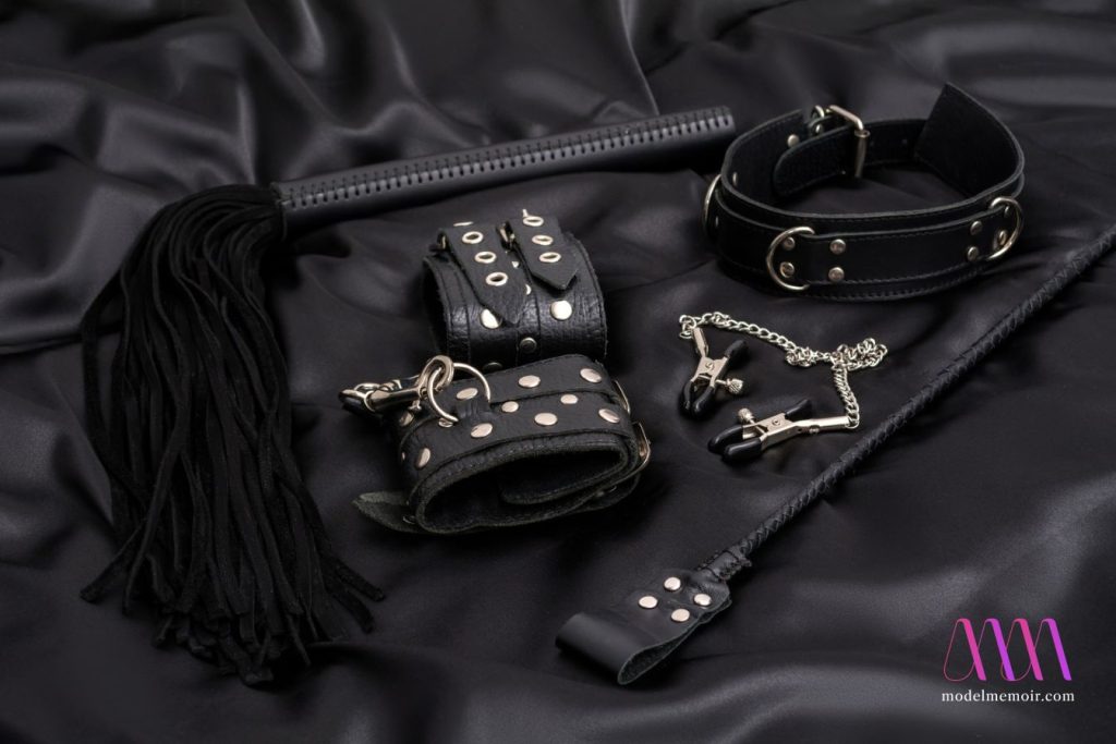 Leather handcuffs, black whip, chain collar, nipple clamps and stack.